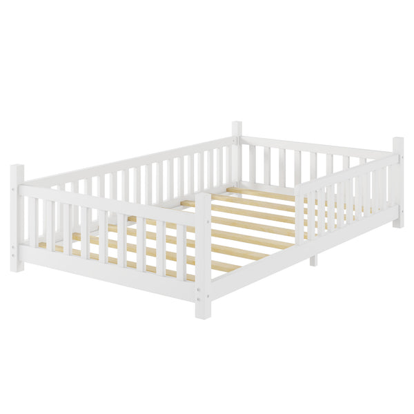 English Elm Twin Montessori Floor Bed House Frame with Led Lighting and Safety Rails for Kids White W2593P440571