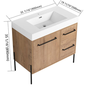 English Elm 36" Freestanding Bathroom Vanity Plywood Base Resin Sink Soft Close Storage W999S00526