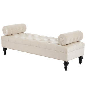 English Elm Modern Tufted Velvet Bench with Gourd Legs and Pillows for Bedroom Entryway Beige N761P335807W