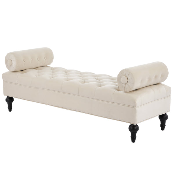 English Elm Modern Tufted Velvet Bench with Gourd Legs and Pillows for Bedroom Entryway Beige N761P335807W