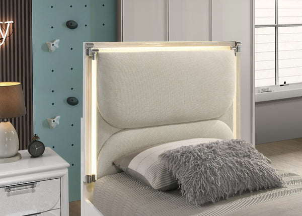 English Elm Contemporary Glam Pearl White Twin Bed With Trundle & Led Lights - Stylish Upholstered Furniture Set B2741S00384