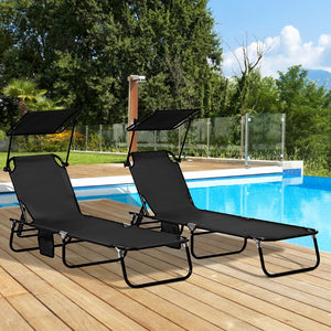 English Elm Outsunny Folding Chaise Lounge Chairs Set Of 2 With Canopy Shade For Pool, Beach, And Patio Fun W2225P200745-GIGA