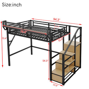English Elm Full Size Metal Loft Bed with Stair Storage Wardrobe and Shelves for Teens W2580S00065