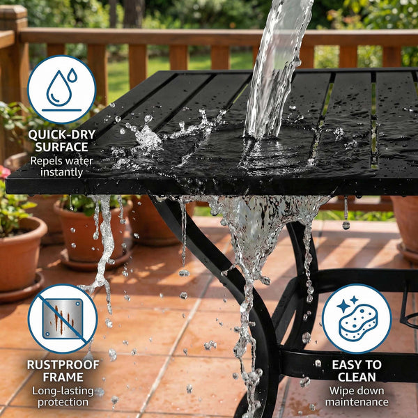 English Elm Metal Square Outdoor Dining Table Powder Coated Steel Slatted Top Seats Four W5159P445936