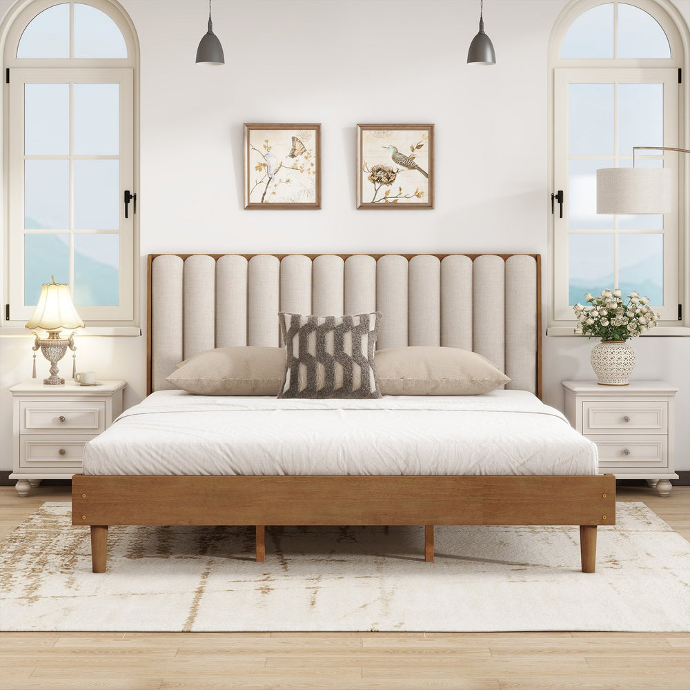 English Elm King Upholstered Bed Solid Pine Frame Piano Key Headboard for Modern Bedroom W504S00316