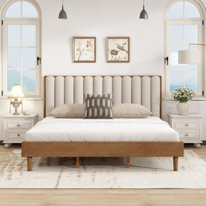 English Elm King Upholstered Bed Solid Pine Frame Piano Key Headboard for Modern Bedroom W504S00316