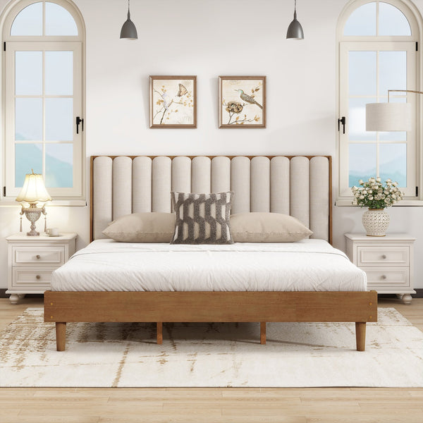 English Elm King Upholstered Bed Solid Pine Frame Piano Key Headboard for Modern Bedroom W504S00316