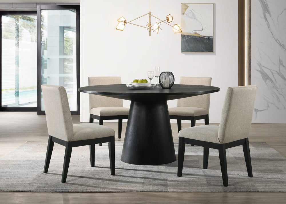 English Elm Jacopo Round Pedestal Dining Set Five Piece Ebony Black with Beige Upholstered Chairs B2749S00286