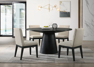English Elm Jacopo Round Pedestal Dining Set Five Piece Ebony Black with Beige Upholstered Chairs B2749S00286