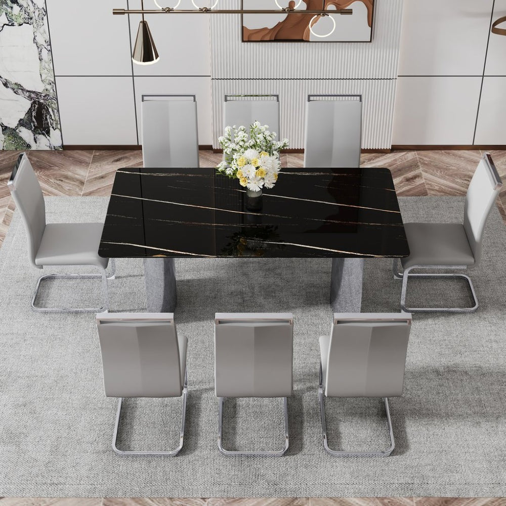 English Elm Table Set With 8 Light Gray Pu Chairs & Stunning Black Marble-Pattern Glass Top, Silver Legs W1151S02606-GIGA