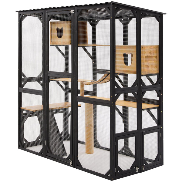 English Elm Outdoor Fir Wood Window Catio Enclosure with Four Climbing Platforms for Cats Black,Natural N719P418377N
