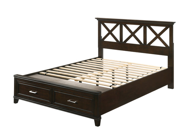 English Elm Queen X Storage Bed with Built-In Drawers, Solid Poplar & Rubberwood Frame, Transitional Headboard Design Mahogany 87.25 L x 13.5 W x 6.25 H B2699S00031