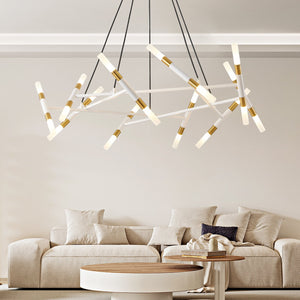 English Elm 41" White & Golden Modern Chandelier Light Fixture, 20-G9 Frosted Tubes Branch Design, Adjustable Pendant for Dining Room W1340P233170