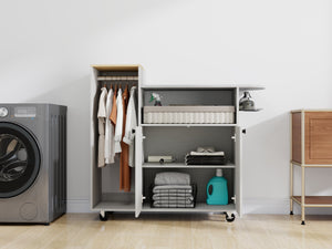 English Elm Ironing Cabinet on Wheels with Pull Out Board Open Shelves and Antique White Finish W1120P330148