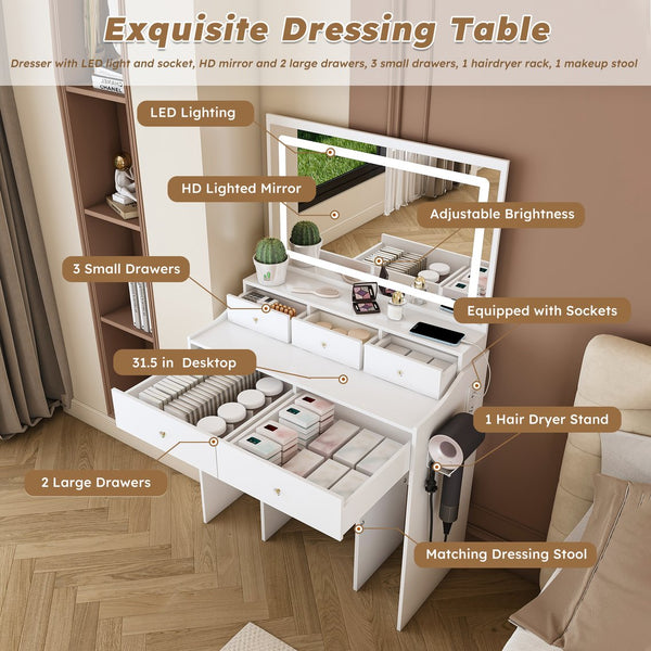English Elm New Large Mirror Vanity Desk with 5 Drawers, Built-In Outlet & Hairdryer Holder, 3-Mode LED Lighting White W509P339034