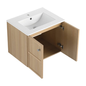 English Elm 24" Modern Wall Vanity with Ceramic Sink, Oak Plywood Cabinet, 2 Soft-Close Doors, Handles Included W1972S00021