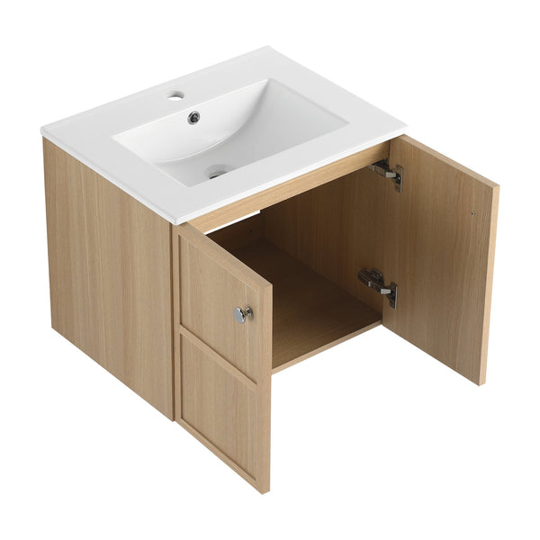 English Elm 24" Modern Wall Vanity with Ceramic Sink, Oak Plywood Cabinet, 2 Soft-Close Doors, Handles Included W1972S00021