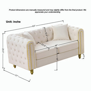 English Elm 3 Piece Chesterfield Velvet Sofa Set Button Tufted with Gold Legs for Living Room Beige W3373S00082