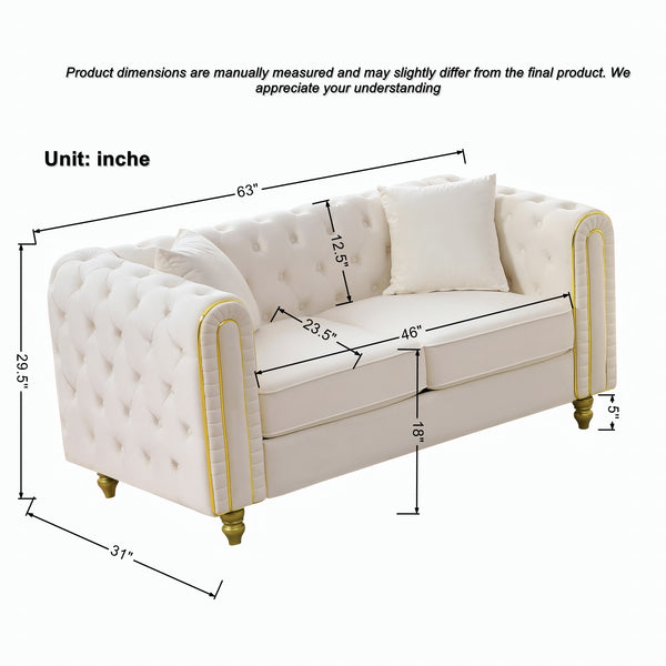 English Elm 3 Piece Chesterfield Velvet Sofa Set Button Tufted with Gold Legs for Living Room Beige W3373S00082