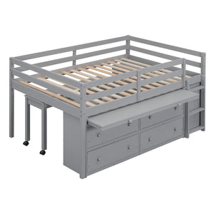 English Elm Full Size Kids Loft Bed Pinewood Frame Dual Study Desks Drawers and Open Shelving Gray LT000369AAE