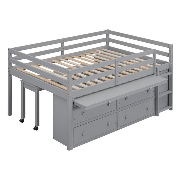 English Elm Full Size Kids Loft Bed Pinewood Frame Dual Study Desks Drawers and Open Shelving Gray LT000369AAE