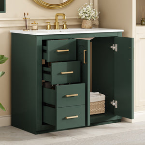 English Elm 36'' Bathroom Vanity with Ceramic Sink Combo, Solid Wood Frame, Soft-Close Drawers and Stylish Retro Groove Design Green N710P291684F
