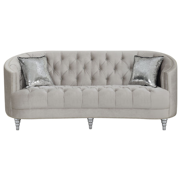 English Elm Dolby Grey Velvet Tufted Sofa with Chrome Nailhead Trim and Silver Turned Legs — 87"L Modern Luxe B062P357805
