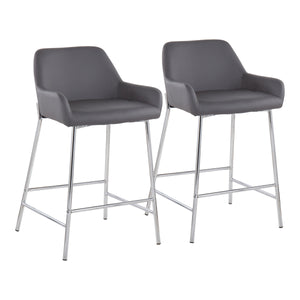 English Elm Daniella Contemporary Counter Stool Set Of 2 In Chrome Metal & Grey Faux Leather For Modern Spaces B202S00051