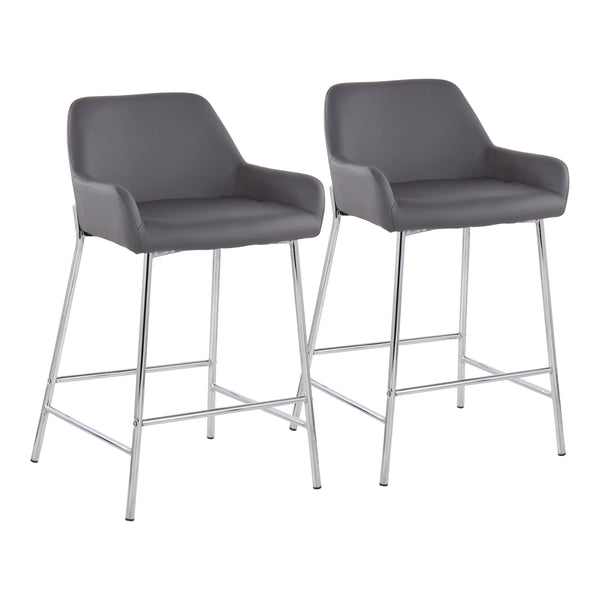 English Elm Daniella Contemporary Counter Stool Set Of 2 In Chrome Metal & Grey Faux Leather For Modern Spaces B202S00051