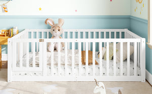 English Elm Twin Floor Bed Pine Wood Frame with Guardrails and Door for Safe Toddler Sleep W1580P417668