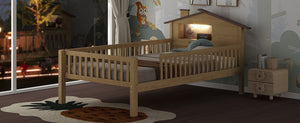 English Elm Twin House-Shaped Platform Bed with Built-In Storage, LED Accent Lighting and Rustic Pine Charm (95) Natural N709P184429M
