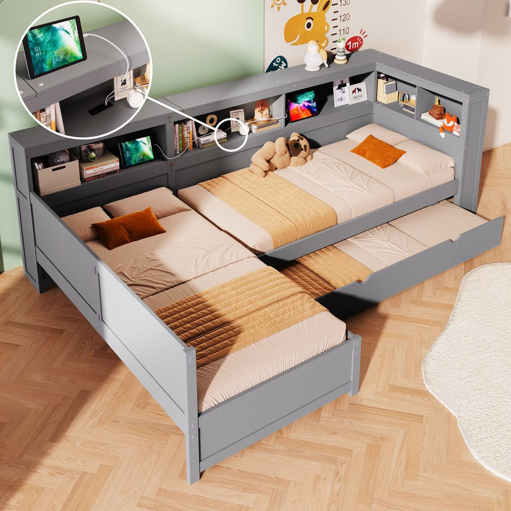 English Elm Wood Twin L-shaped Platform Bed Trundle Shelves Charging Station Kids Room Grey N7090001045E-1