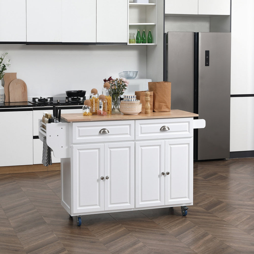 English Elm Homcom Versatile Rolling Kitchen Island With Drop Leaf Bar, Ample Storage, Spice Rack, White Finish W2225S00061