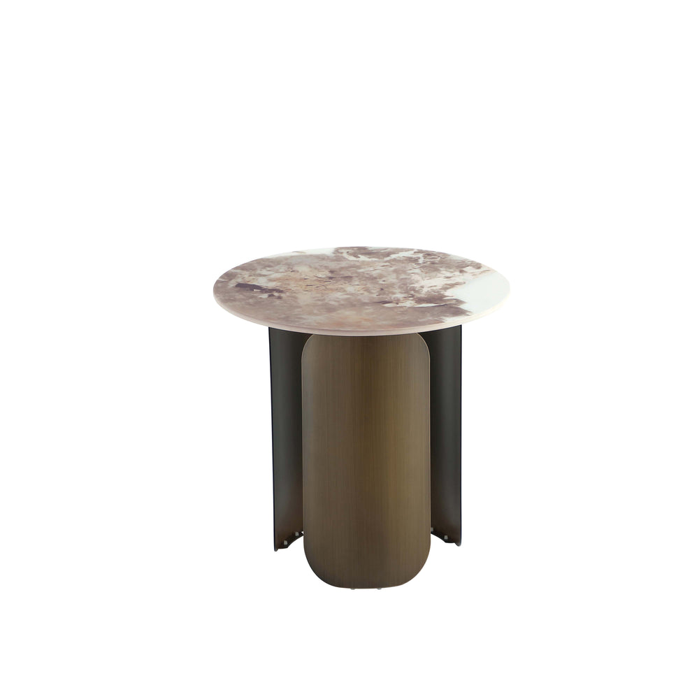 English Elm Monica Sintered Stone End Table with Bronze Gold Stainless Steel Base, 19.7" Round Top, Modern Elegance B365S00101