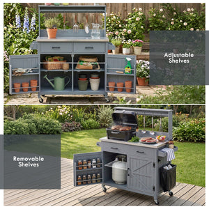 English Elm K&k Solid Fir Grill Cart Stainless Steel Top Outdoor Kitchen Station with Locking Wheels Grey+Blue N707P409087G