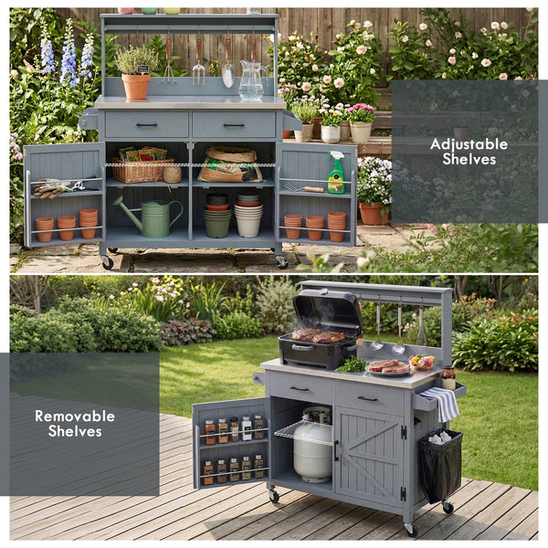 English Elm K&k Solid Fir Grill Cart Stainless Steel Top Outdoor Kitchen Station with Locking Wheels Grey+Blue N707P409087G