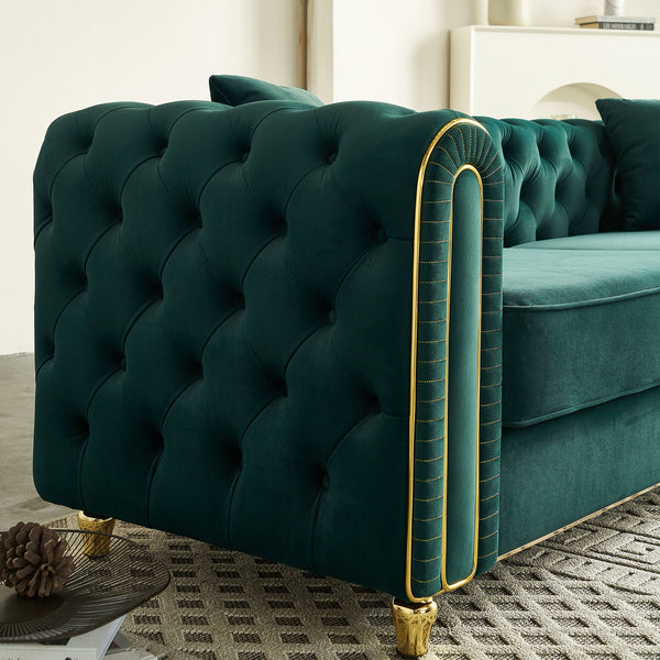English Elm 86'' Luxury Modern Tufted Sofa with Gold Trim, Velvet Upholstery, Pocket Spring Comfort & 750lb Support Green W579P303657