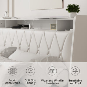 English Elm Queen Ergonomic Headboard Bed Frame with Built-In Charger & Outlets, Metal Platform with Shelf White W3107P262758