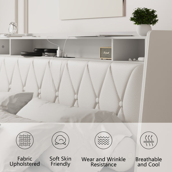 English Elm Queen Ergonomic Headboard Bed Frame with Built-In Charger & Outlets, Metal Platform with Shelf White W3107P262758