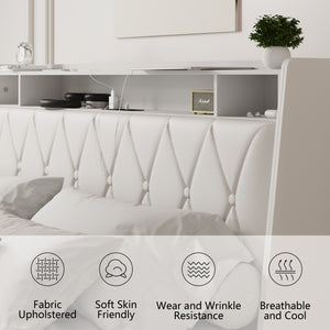 English Elm Queen Metal Platform Bed with Ergonomic Headboard Built in Outlets and Storage Shelf W3107S00002
