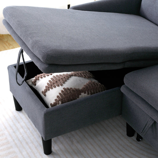 English Elm L-Shaped Reversible Chaise Sectional Sofa with Storage and Fold-Out Bed Cotton-Linen Modern Design DARK GREY W3371S00025