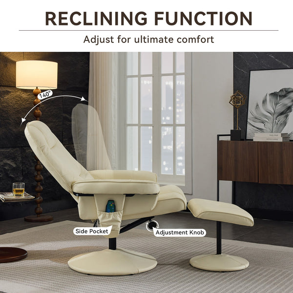 English Elm 011-Massage Recliner Chair with Ottoman, 360° Swivel PU Leather, 5-Point Vibration Massage, Heated Seat, 140° Backrest Comfort Beige W2636P262427