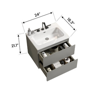 English Elm TIA 24" Wall Mount Space Grey Bathroom Vanity with Ceramic Basin, 20% More Storage, Soft-Close Drawers White+gray W1865S00064