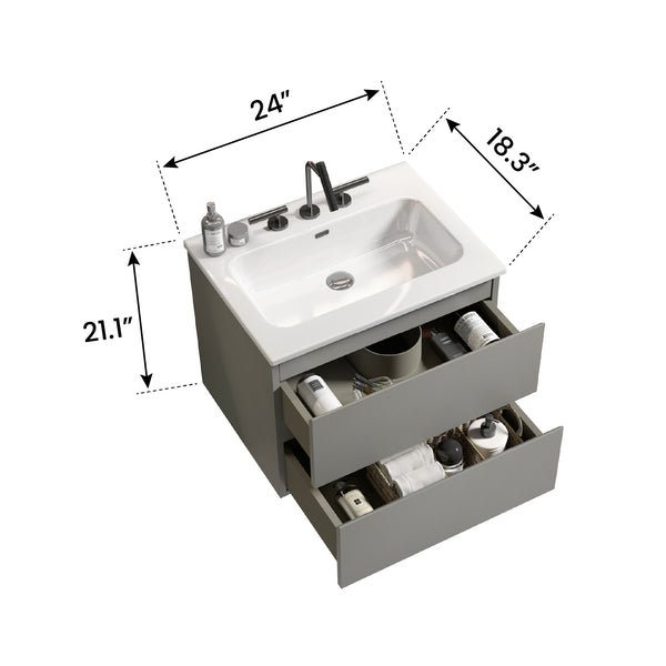 English Elm TIA 24" Wall Mount Space Grey Bathroom Vanity with Ceramic Basin, 20% More Storage, Soft-Close Drawers White+gray W1865S00064