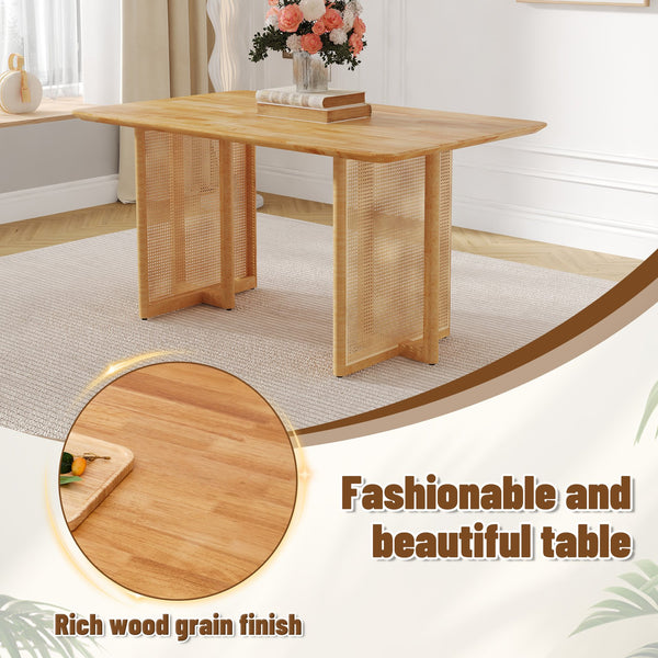 English Elm Table and Chair Set Rubberwood Dining with Rattan Legs Six Cushioned Fabric Seats W1151S03054