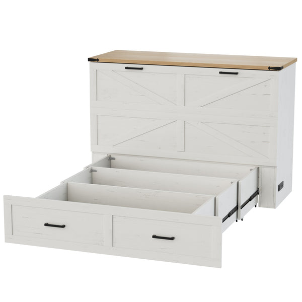 English Elm Queen Murphy Cabinet Bed Rustic Grey Farmhouse Style with Charging Station Storage W5271S00002