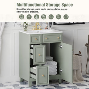 English Elm 24-Inch Bathroom Vanity Cabinet with Ceramic Sink, Space-Saving Storage, Solid Wood Feet, Durable Finish Green WF532034AAF
