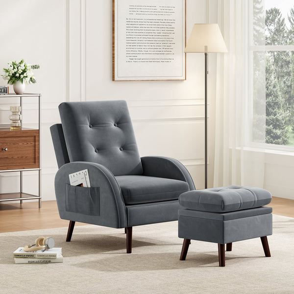 English Elm Upholstered Velvet Accent Chair and Ottoman with Storage, Tufted Design, 6-Level Adjustable Backrest Dark Gray T3623P411376
