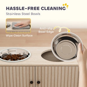 English Elm Pet Feeder Station with Mdf Storage Cabinet and Raised Stainless Steel Bowls for Large Dogs T3971P415038
