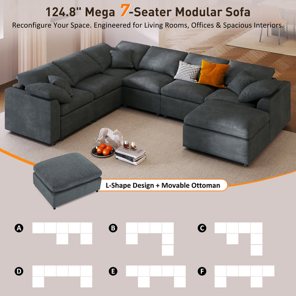 English Elm U_style Oversized Modular Sectional Plush Chenille Pine Frame Living Room Sofa with Ottoman Gray WY000453AAE